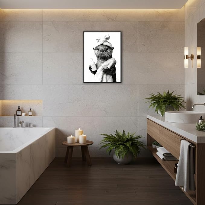 Zhfmoir Funny Otter Bathroom Wall Art, Black and White Otter Canvas Print, Cute Animal Bathroom Decor for Restroom Toilet Washroom, Ready to Hang Wall Artwork 12x16 Inch