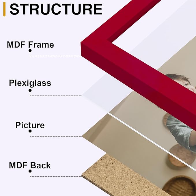 decorUhome Triple 4x4 Picture Frame Vertical, Engineered Wood Trifold Photo Frame with Plexiglass for Tabletop Display, 4x4, Red