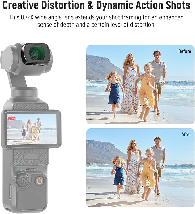 NEEWER 0.72X FOV 112° Wide Angle Lens Compatible with DJI Osmo Pocket 3 Creator Combo Accessories, Multi-Layer Magnetic Action Cam Aspheric Lens with Metal Frame, 1 Screen Protector, LS-70
