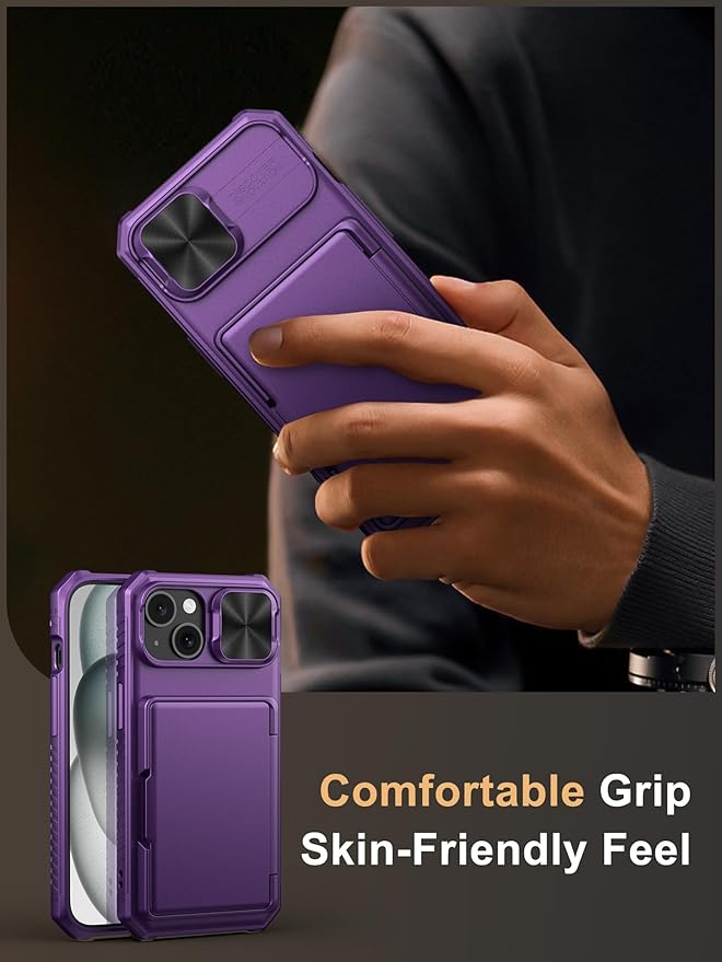 Vihibii for iPhone 15/14/13 Wallet Case, Built-in Card Holder (4 Cards), RFID Blocking & Slide Camera Cover, Military Grade Drop Protection, Rugged Hard Phone Case, Dark Purple