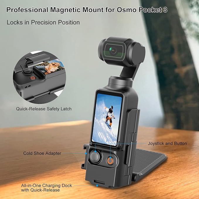 Folding Magnetic Mount Base Bracket for DJI Osmo Pocket 3 Accessories- Adjustable Magnetic Phone Mount, Portable Desktop Tripod Stand, Handheld Grip Handle, Vlogging Accessories (Black)
