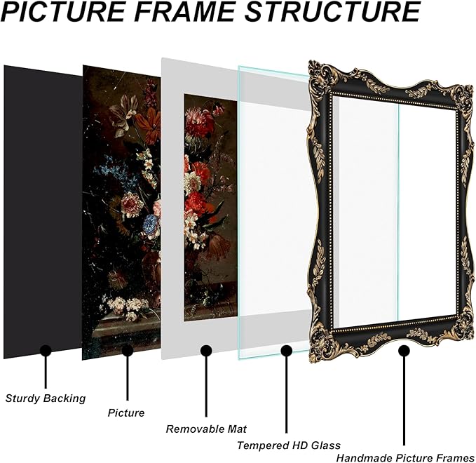 Black 11x14 Vintage Picture Frame with Mat for 8x10 or 11x14 Photos, Real Glass, Gothic Ornate Baroque Victorian Frames for Wall Hanging