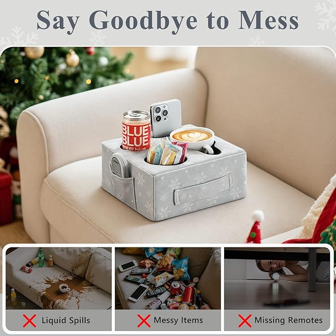 Luxspire Couch Cup Holder Tray, Couch Cup Holder Pillow with 4 Holes, Side Pocket and Handle, Couch Caddy Pillow for Phone/Drinks/Remote Control/Snacks, Christmas Style