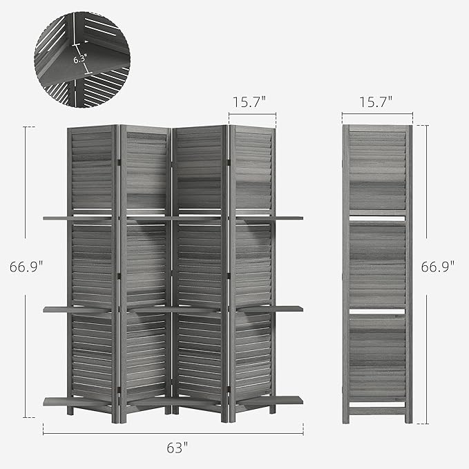 HOMCOM Room Divider, 4 Panel 67" Tall Wood Privacy Screen with 3 Display Shelves, and Folding Storage for Bedroom or Home Office, Gray