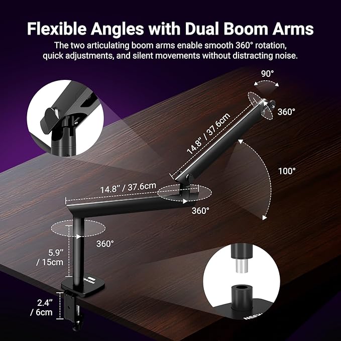 NEEWER Microphone Stand, Low Profile Damped Mic Holder Boom Arm Desk Mount, 360° Ball Head, Upgraded Cable Channels, 3/8" 5/8" Adapters for Podcast Streaming Gaming Studio, Max Load 3.3 lb, MS007