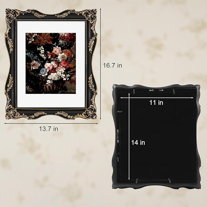 Black 11x14 Vintage Picture Frame with Mat for 8x10 or 11x14 Photos, Real Glass, Gothic Ornate Baroque Victorian Frames for Wall Hanging