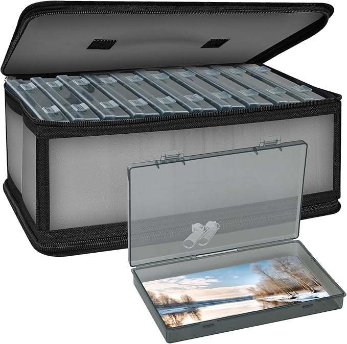 Bluedale Photo Storage Box with 10 Inner 4" x 6" Black Photo Cases, Waterproof Craft Keeper with Handle, Organizer Container Box with 1 Sheet Label Sticker for Picture Seeds Craft Supplies