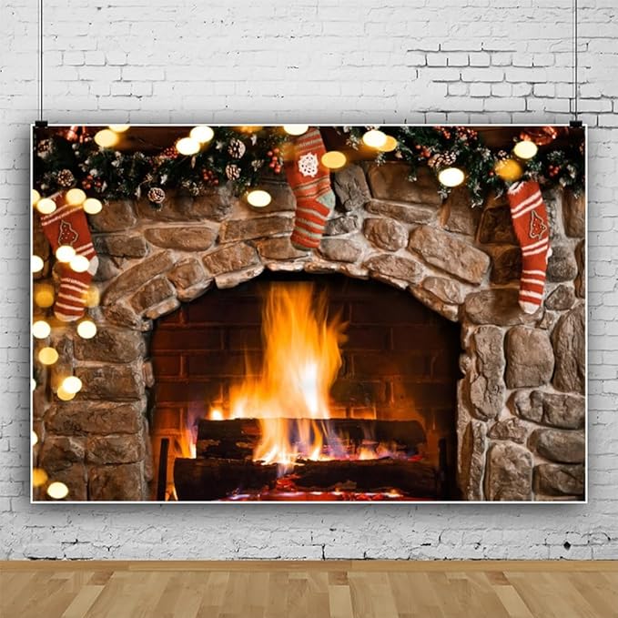 CSFOTO 10x7ft Vintage Brown Brick Wall Burning Fireplace Background Gold Glitter Sequins Country Farm Christmas Living Room Decoration Background Winter House Photo Studio Props