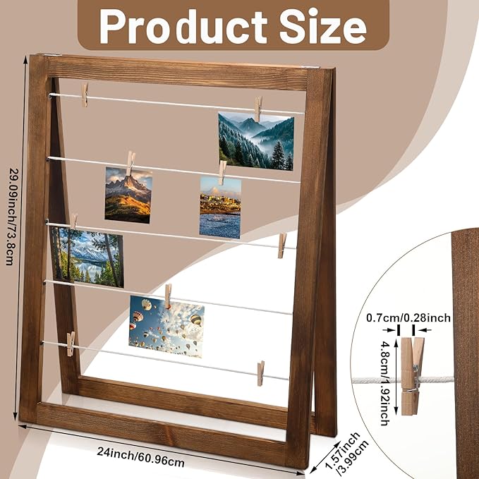 Sintuff Walnut Wood Photo Display Rack with Clips Farmhouse Picture Collage Board Graduation Standing Picture Frame Clothesline Photo Display Stand Decor for Postcard (Flat Edge,29 × 24 Inches)