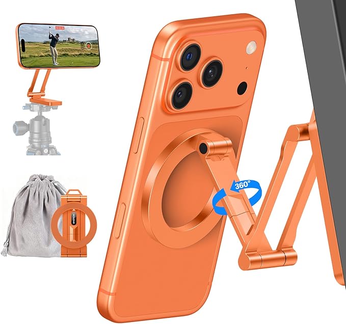 OMOTON CV08 Magnetic Golf Cart Phone Mount with [1/4” Screw + 5.6” Extendable Arm], 360° Rotatable Holder, Strong Magnets for iPhone & Samsung, Fits EZ-GO/Club Car, Includes Pouch & Strap (Orange)