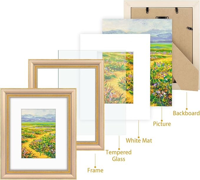 Golden State Art,8x10 Ornate Picture Frame for 5x7 Photo with Mat or 8 x 10 Prints Without Mat, Real Glass Wall & Tabletop Display Horizontally or Vertically (Color:Champagne Gold)