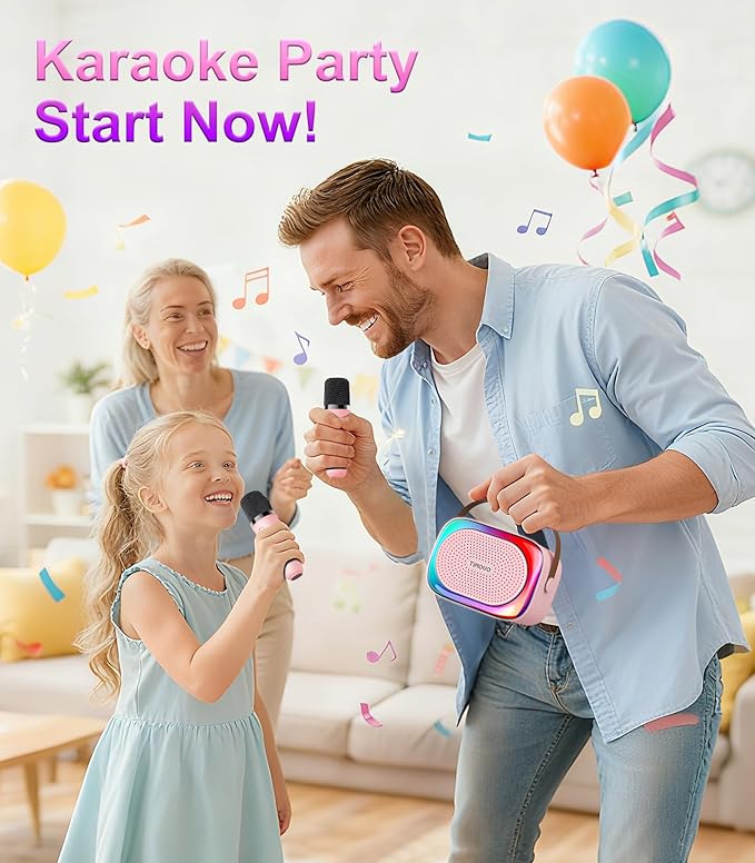 TiMOVO Mini Karaoke Machine, Portable Bluetooth Speaker with 2 Wireless Microphones and LED Lights, Birthday Gifts for Family Home Party, Pink