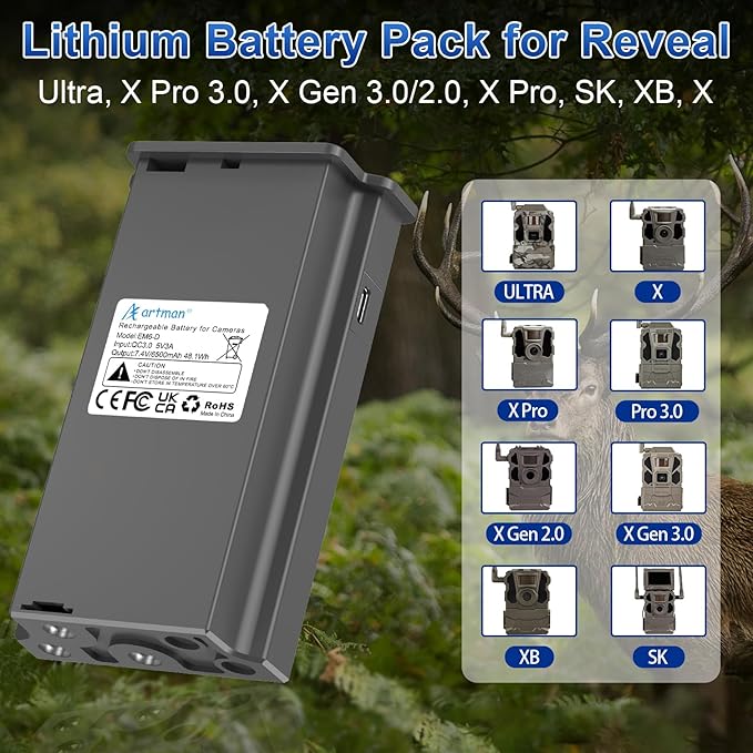 Artman New Reveal Lipo Lithium Battery Pack 6500mAh Upgraded Solar Charge Compatible with Reveal Cellular Trail Camera Ultra, Pro 3.0, X, X Pro, X Gen 2.0, X Gen 3.0, XB, SK (2-Pack)