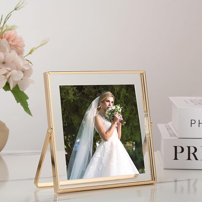 Gold 5x5'' Floating Frame Set of 2,For Photo Sizes(4x4'' or 3x3''),Beautiful Metal Beaded Frames Adjustable Tabletop/Shelf Photo Frame,Classy Gift Choice for Wedding,Birthday or Christmas Gift