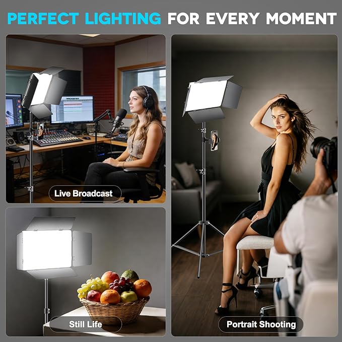 2 Pack LED Video Light Kit 79'' Tripod Light Stand, 30W 3000Lux Photography Light with Barndoor, CRI 98+ 2500K-8500K Studio Lights Panel Podcast Lighting for Video Recording/Game Live Streaming