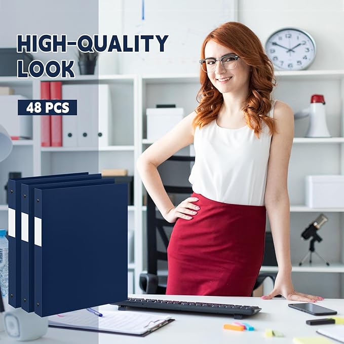 Henoyso 48 Pcs 3 Ring Binder 1/2'' Round Fits Letter Size 8.5'' x 11'' Paper Plastic Flexible Binder Holds 140 Sheets with 1 Pockets Versatile Organizer for Home Office School (Navy Blue)