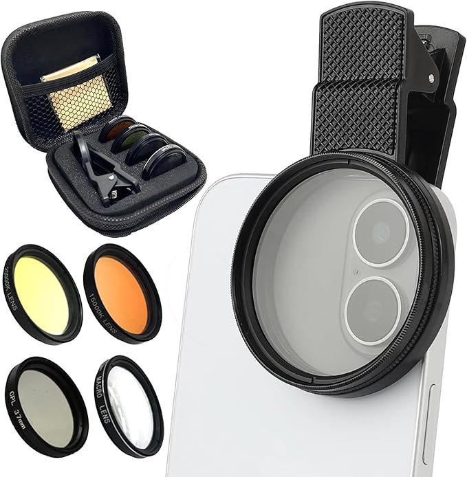 37mm Clip-on Phone Lens Filter Kit - 4 in 1 High-Definition Lenses for Coral Aquarium Reef Underwater Photography, Full Yellow/Orange Filter, CPL Polarizing Filter, Macro Lens