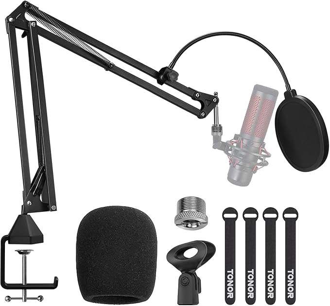 TONOR Microphone Arm Stand, Adjustable Suspension Boom Scissor Mic Stand with Pop Filter, 3/8" to 5/8" Adapter, Excellent Compatibility, Mic Clip, Upgraded Heavy Duty Clamp, 35cm+35cm, T20