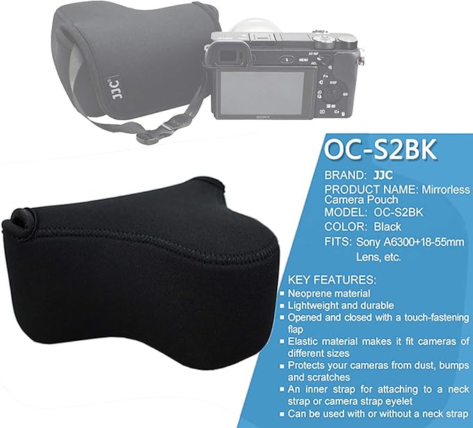 JJC Black Ultra Light Neoprene Camera Case for Sony a6600 a6500 a6400 a6300 a6100 a6000 a5100 +18-55mm/E 50mm F1.8 Lens, Pouch Bag for Fuji X-T30 X-T20 X-T10 +16-50mm, Canon PowerShot SX530 SX540 G3X