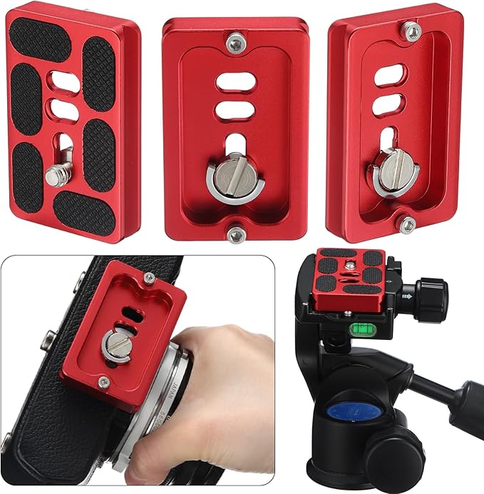 Frienda 2 Pieces Metal Quick Release Plate with 1/4''-20 Camera Screw Tripod Mount Plate Fits Standard for DSLR Camera Tripod Ball Head(Pu60,Red)