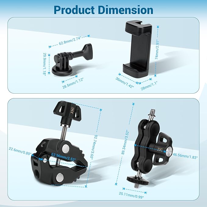 JJC Super Camera Clamp Mount Kit with 1/4'' Ballhead for DSLR DJI Osmo Gopro Hero Insta360 Action Camera Smartphone on Desk Motorcycle Bicycle Bracket Handrail Trolley Cross Bar Flag Vlog Video Record