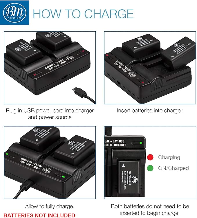 BM Premium DMW-BMB9 Dual Bay Battery Charger for Panasonic Lumix DC-FZ80, DC-FZ80D, DMC-FZ40K, DMC-FZ45K, DMC-FZ47K, DMC-FZ48K, DMC-FZ60, DMC-FZ70, DMC-FZ100, DMC-FZ150 Cameras (DE-A83BA Replacement)