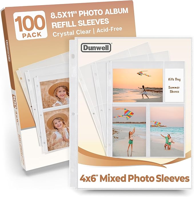 Dunwell Photo Sleeves for 3-Ring Binder, (4x6 Mixed Format, 100 Pack) for 600 Pictures, Each Photo Page Sheet Holds Six 4 x 6 Pictures or Postcards, Acid-Free Poly 4x6 Album Refill Pages