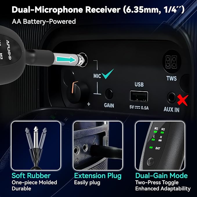 Wireless Microphone Set for Singing, Speech & Karaoke, 2.4GHz Dual-Mic Receiver, 200ft, Storage Bag Included, Metal Cordless Mic 2 Pack for Karaoke Machines, PA Systems, PartyBox, Gray-Blue