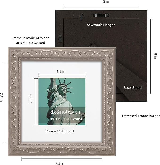 8x8 inch Distressed Wood Embossed Scroll Motif Vintage Antique Rustic Picture Frame, White Mat for 5x5 in Photo, Art Print Drawing, Wall Hanging or Desktop Display- Grey
