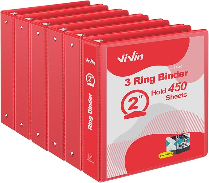 ViVin 2 Inch Round Ring View Binder for Durability, Standard 3 Ring Binder for 450 Sheets of US Letter Size Paper, PVC-Free, 6-Pack (Red)