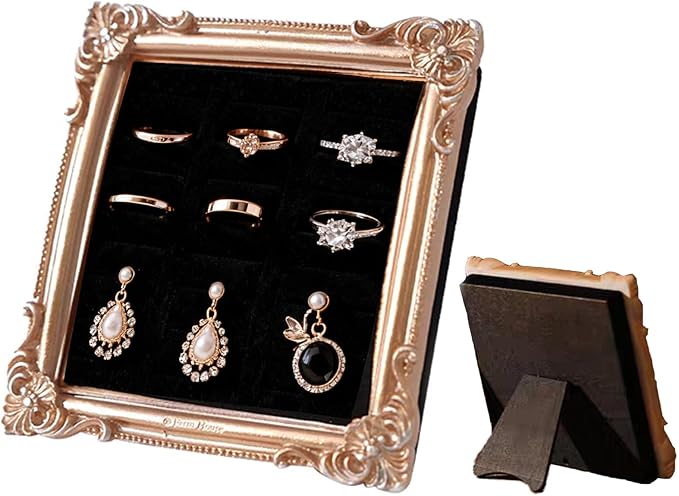 2PCS Jewelry Display Stand Vintage Ring Holder Box Earring Tray Retro Picture Frame Style Ring OrganizerJewelry Frame with Velvet