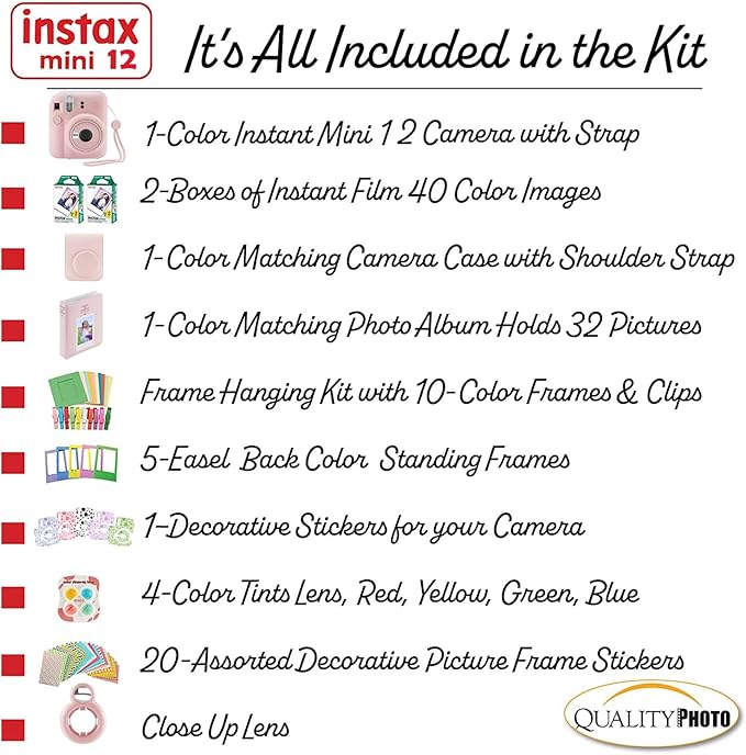 Fujifilm Instax Mini 12 Instant Camera with Case, 40 Fujilm Prints, Decoration Stickers, Frames, Photo Album and More Accessoriest (Blossom Pink)