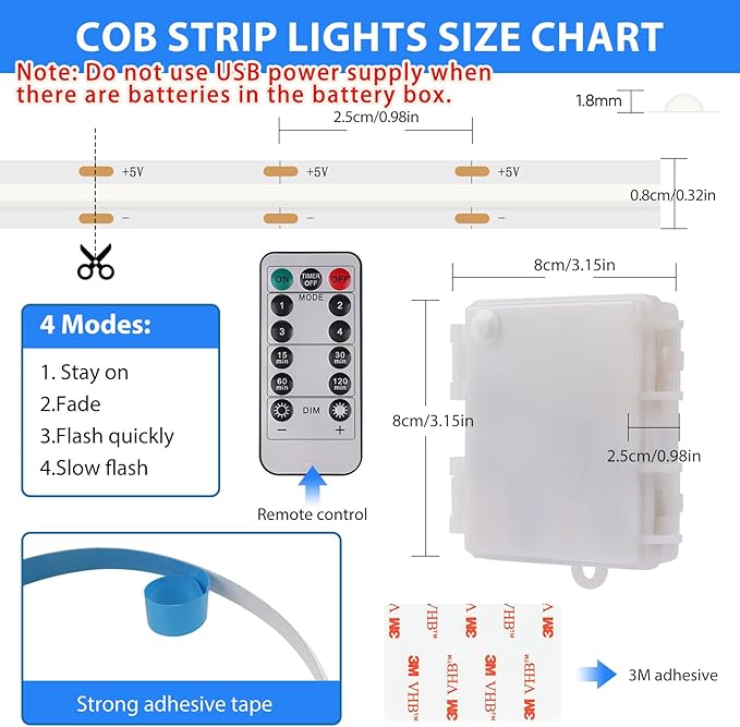 Blue COB LED Strip Lights Battery Powered with Remote, 6.56FT 640LED Light Strip Dimmable Cuttable Flexible Wireless LED Tape Light for DIY Display, Back Light Design, Kitchen, Boat, Car Decoration