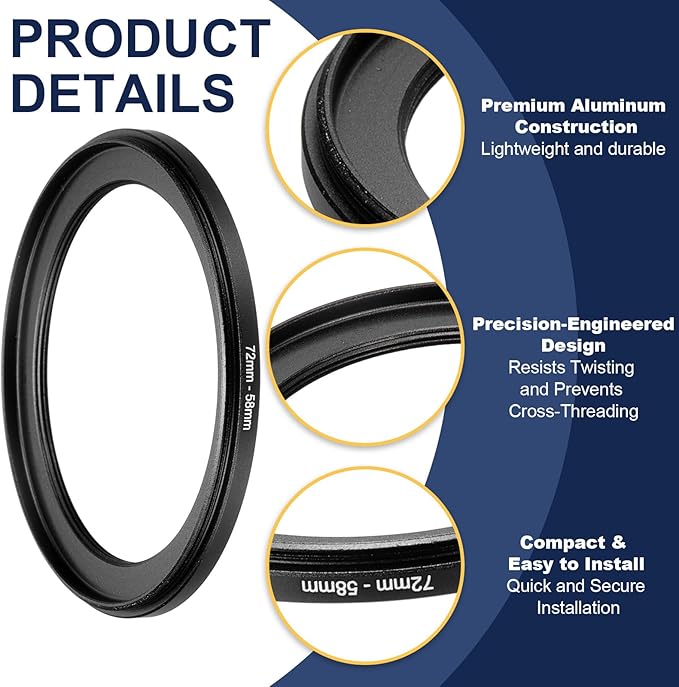 PATIKIL Step Down Ring Adapter 72mm to 58mm, 2 Pcs Filter Step-Down Rings Camera Lens Filters Metal Ring Digital for ND IR DSLR Lenses, Black