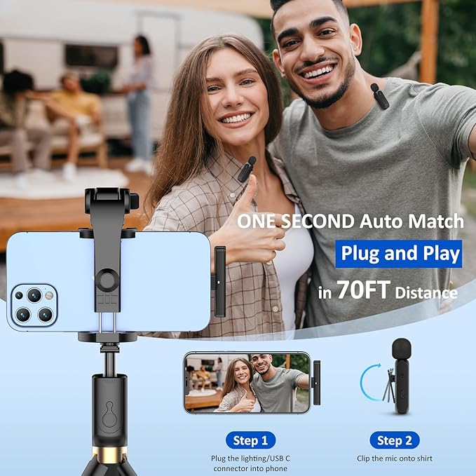 2 Pcs Wireless Lavalier Microphone for iPhone iPad Android with Charging Case 7H Clip on Lapel Microphone Wireless for Video Recording Vlogging, YouTube, Interview, 3 Mode Denoise, 70ft