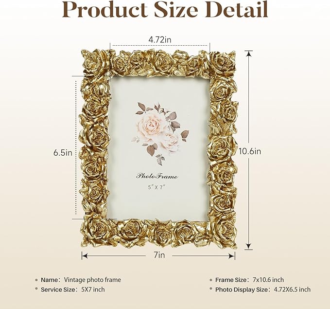 Cuspin 5x7 Picture Frame Vintage Gold Frames, Gold Ornate Rose Flower Resin Photo Frame with Glass Front for Wall Hanging or Tabletop Display, Elegant Home Decor