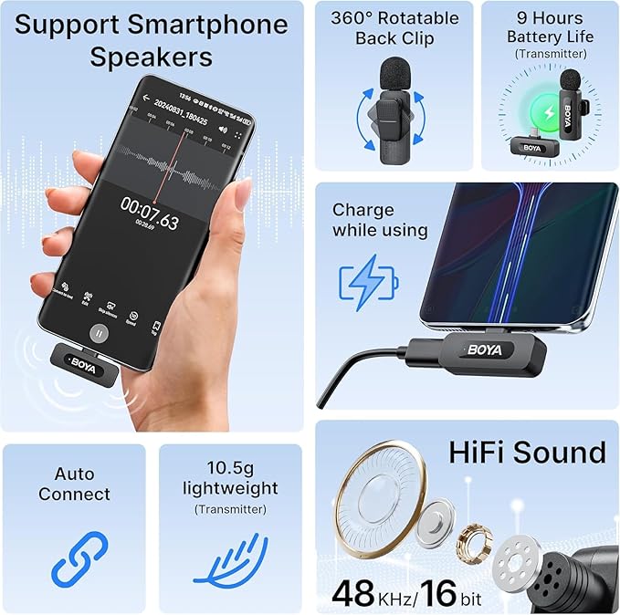 BOYA BY-V10 USB-C Wireless Lavalier Microphone for iPhone16/15 Android, Type-C Smartphone Laptop, Noise Canceling, Mini Clip-on Microphone for YouTube, Podcast, Facebook, TikTok Vlogging Recordings