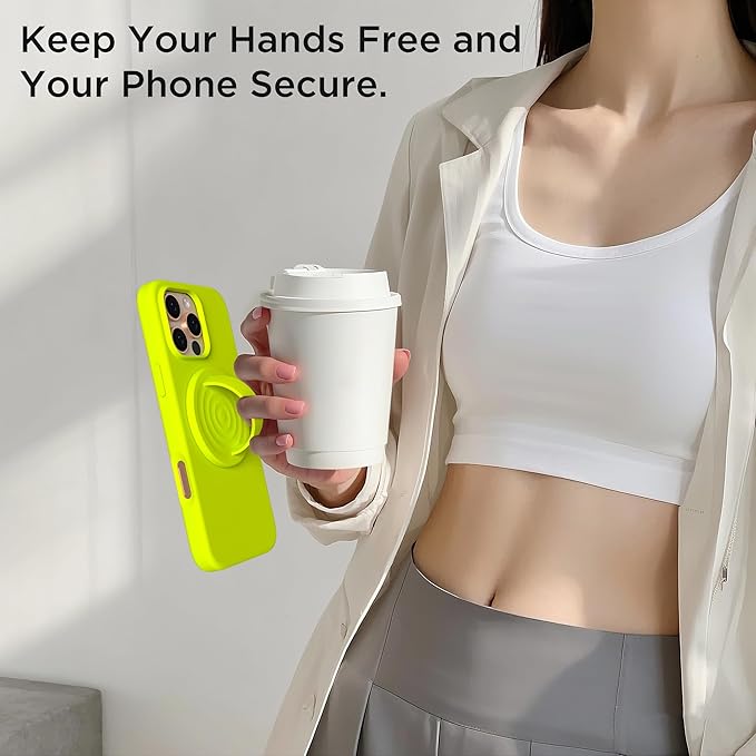 Magnetic Phone Grip Ring Holder, Liquid Silicone Magnet Cell Phone Grip Finger Loop, Compatible with Magsafe, Back of Phone for iPhone 17/16/15/14/13/12 Series, Neon Yellow