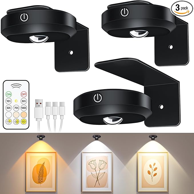 WILLED Picture Lights for Wall, 1200mAh Rechargeable Battery Operated Picture Frame lights, Puck Lights with Remote, Dimmable & Timer Art Lighting for Paintings Wireless, Magnetic Gallery Light/3 Pack