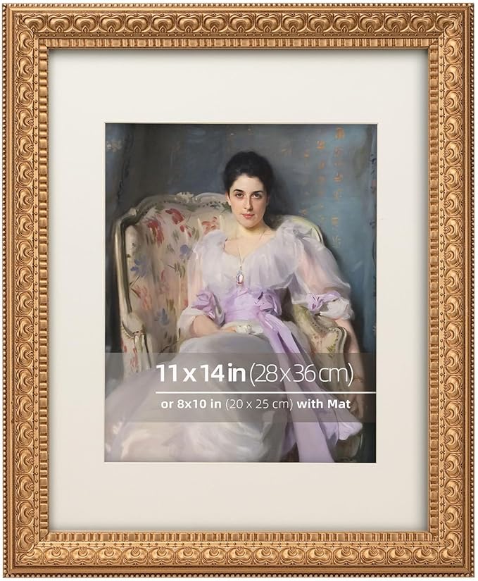 11x14 Antique Gold Wood Ornate Vintage Classic Picture Frame, With Mat 8x10 inches, Real Glass Protection, Horiztonal or Vertical Display