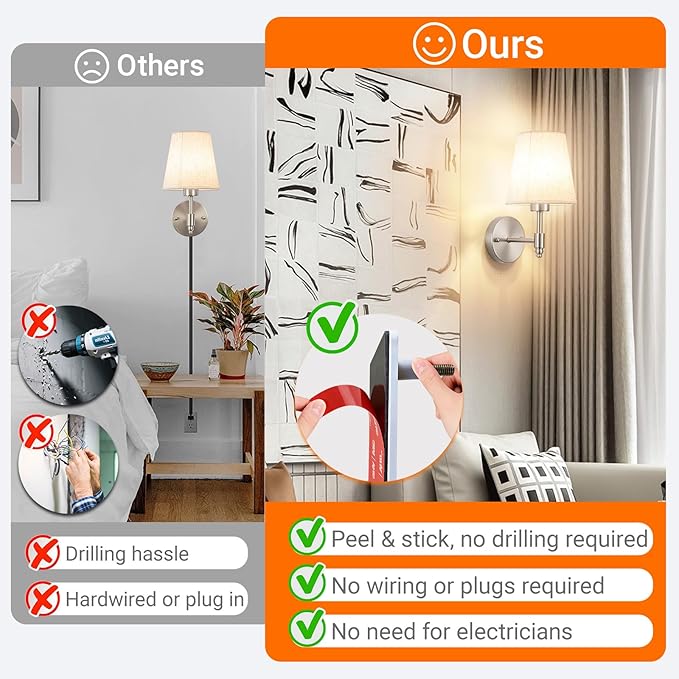 Peel and Stick Wall Sconces, No Drilling Stick On Wall Sconce, Wireless Battery Operated Wall Lights, Adhesive Wall Lamp with 10000mAh Battery Bulb for Bedroom Living Room Decor