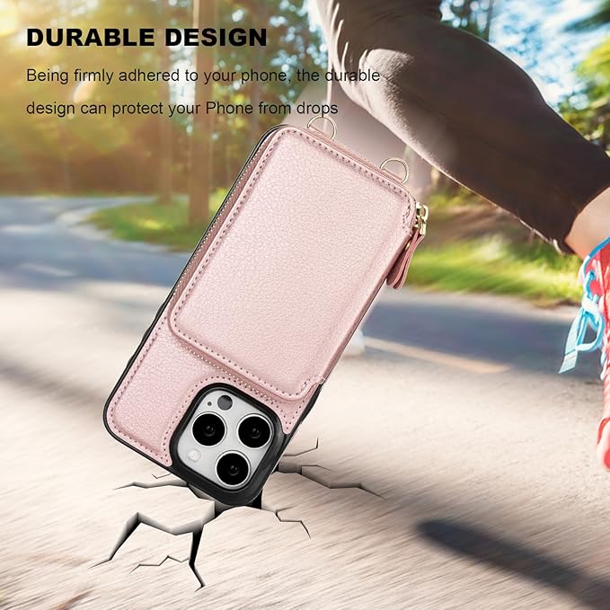 Bocasal RFID Blocking Wallet Case for iPhone 15 Pro Max, Adjustable Crossbody Zipper Purse Case Card Holder with Kickstand Detachable Wrist Strap, PU Leather Flip Folio Case 6.7 Inch 5G (Rose Gold)