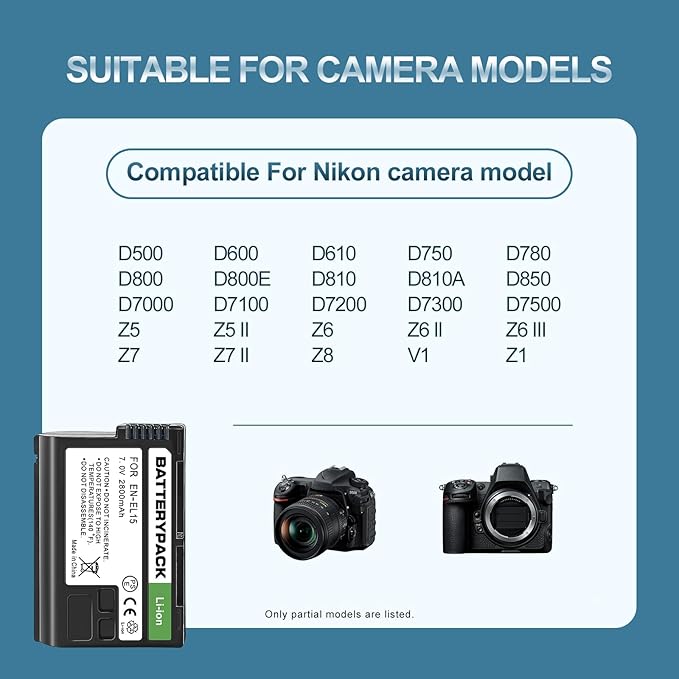 EN-EL15 7V 2800 mAh 2-Pack Rechargeable Lithium Ion Battery Pack, Compatible with Nikon D850 D750 D810 D500 Z8 Z6 Z7 II Z5 D7500 D800 D800E D810A D600 D610 1 V1,USB Power delivery & Charge