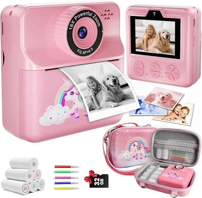 Instant Print Camera for Kids, Digital Selfie Cameras with Carry Case & 5-Color Paper, Portable Toddler Toy Christmas Birthday Gifts for 3 4 5 6 7 8 9 10 11 12 Year Old Girls - Pink