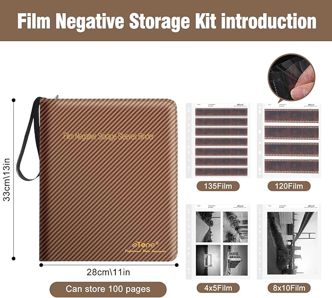 eTone Film Negative Storage Box, PU Leather 3-Ring Binder Album, Gold Foil, 13.18x7.08x1.96 Inch, Velvet Lined for 35mm 120 4x5 8x10 Negatives (Brown)
