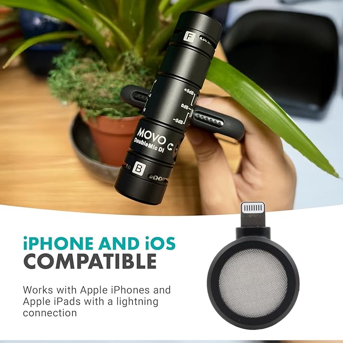 Movo DoubleMic-DI Dual Capsule Microphone for iPhone- Two-Sided Cardioid Condenser Mic for Video Recording- Professional Microphone for iPhone, iPad, iOS- Apple Lightning MFi Certified
