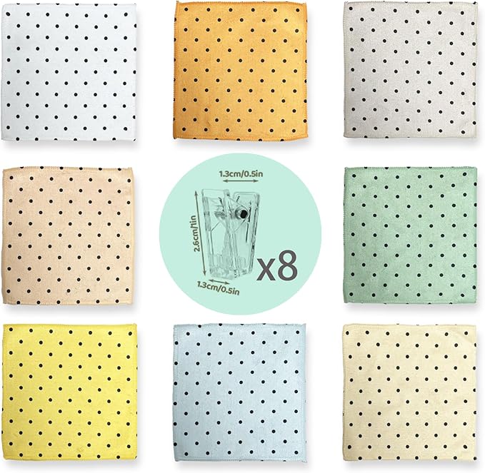 8-Pack Ultra-Fine Microfiber Kitchen Towels, 7-Inch Square with 8 Clips & Multiple Patterns – Soft, Absorbent, Reusable Cleaning Cloths (Polka dots)