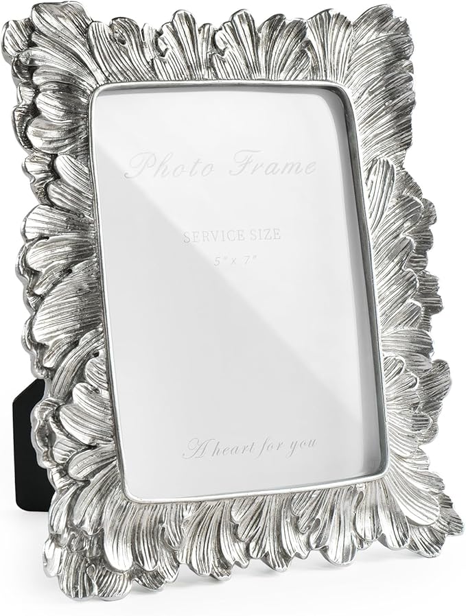 Cuspin 5x7 Picture Frame Silver Frames, Vintage Elegant Palm Leaves Textured Hand-Crafted Resin with Glass Front Retro Design Photo Frame for Wall Hanging and Tabletop Display Home Decor