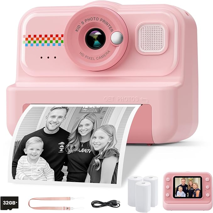 HiMont Kids Camera Instant Print, 1080P HD Instant Print Camera for Kids with 3 Rolls Print Paper & 32GB Card, Selfie Digital Camera for Kid, Ideal Kid Toys Gifts for Boys & Girls Age 3-14 (Pink)
