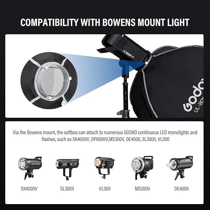Godox Square Softbox, 90cm*90cm /35.4in*35.4in with Grid Diffuser Fast-Setup Bowens Mount Softbox Compact Photography softbox for Photography Shooting Continuous Light Monolight Strobe Flash